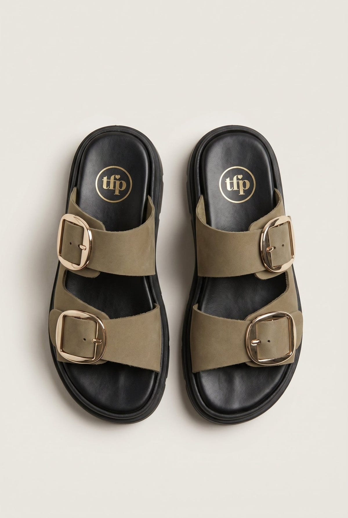 TFP - Leather Flatform Sandals Bold Buckles - Khaki