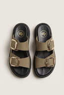TFP - Leather Flatform Sandals Bold Buckles - Khaki