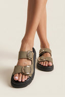 TFP - Leather Flatform Sandals Bold Buckles - Khaki