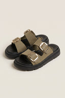 TFP - Leather Flatform Sandals Bold Buckles - Khaki