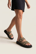 TFP - Leather Flatform Sandals Bold Buckles - Khaki