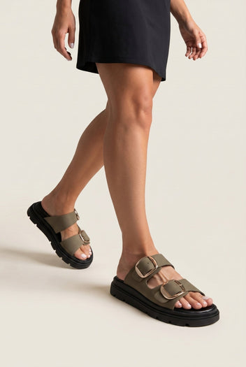 TFP - Leather Flatform Sandals Bold Buckles - Khaki