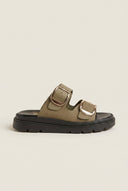 TFP - Leather Flatform Sandals Bold Buckles - Khaki
