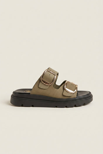 TFP - Leather Flatform Sandals Bold Buckles - Khaki