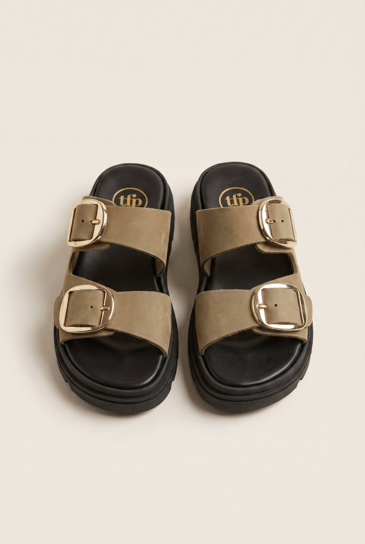 TFP - Leather Flatform Sandals Bold Buckles - Khaki