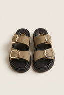 TFP - Leather Flatform Sandals Bold Buckles - Khaki