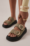 TFP - Leather Flatform Sandals Bold Buckles - Khaki