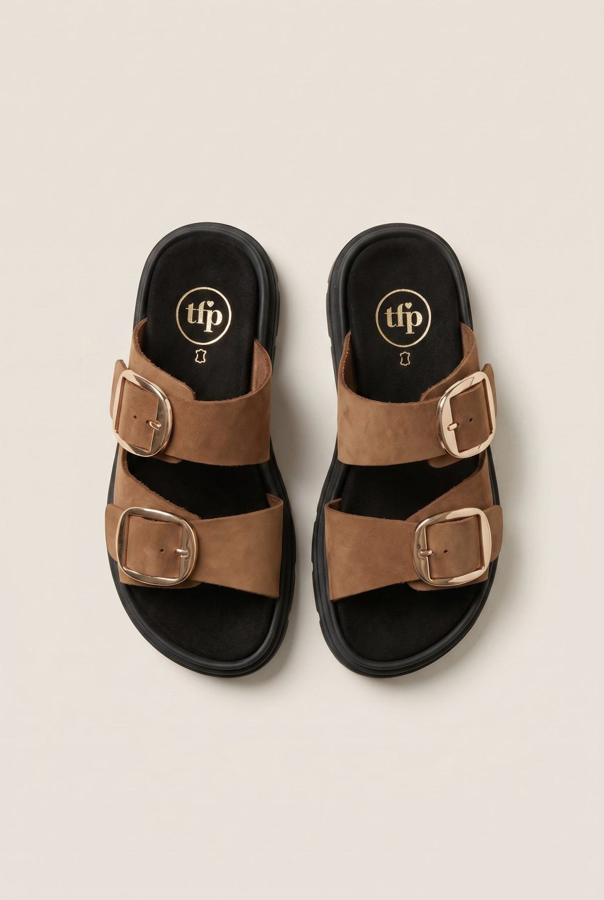 TFP - Leather Flatform Sandals Bold Buckles - Mocha