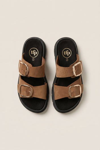 TFP - Leather Flatform Sandals Bold Buckles - Mocha
