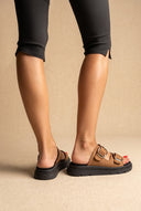 TFP - Leather Flatform Sandals Bold Buckles - Mocha