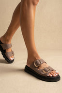 TFP - Leather Flatform Sandals Bold Buckles - Taupe