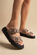 TFP - Leather Flatform Sandals Bold Buckles - Taupe