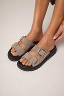 TFP - Leather Flatform Sandals Bold Buckles - Taupe