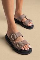 TFP - Leather Flatform Sandals Bold Buckles - Taupe