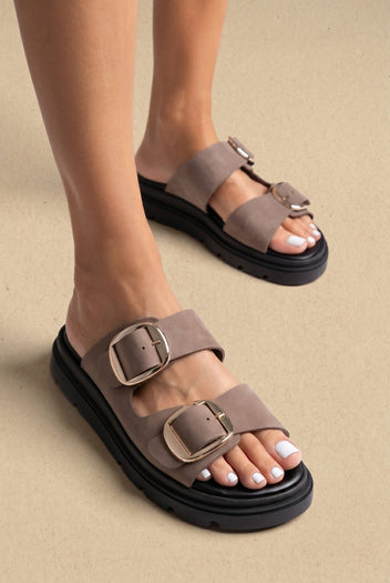 TFP - Leather Flatform Sandals Bold Buckles - Taupe
