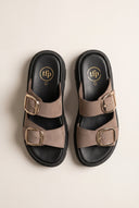 TFP - Leather Flatform Sandals Bold Buckles - Taupe