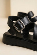 TFP - Leather Flatform Sandals Buckle - Black