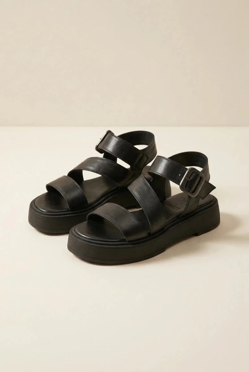 TFP - Leather Flatform Sandals Buckle - Black