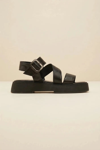 TFP - Leather Flatform Sandals Buckle - Black