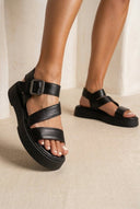 TFP - Leather Flatform Sandals Buckle - Black