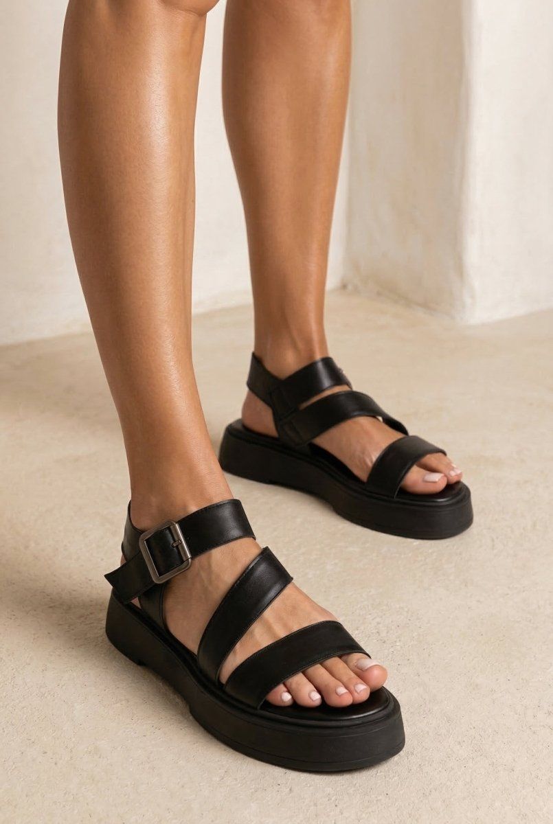 TFP - Leather Flatform Sandals Buckle - Black