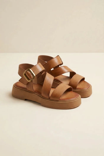 TFP - Leather Flatform Sandals Buckle - Tan