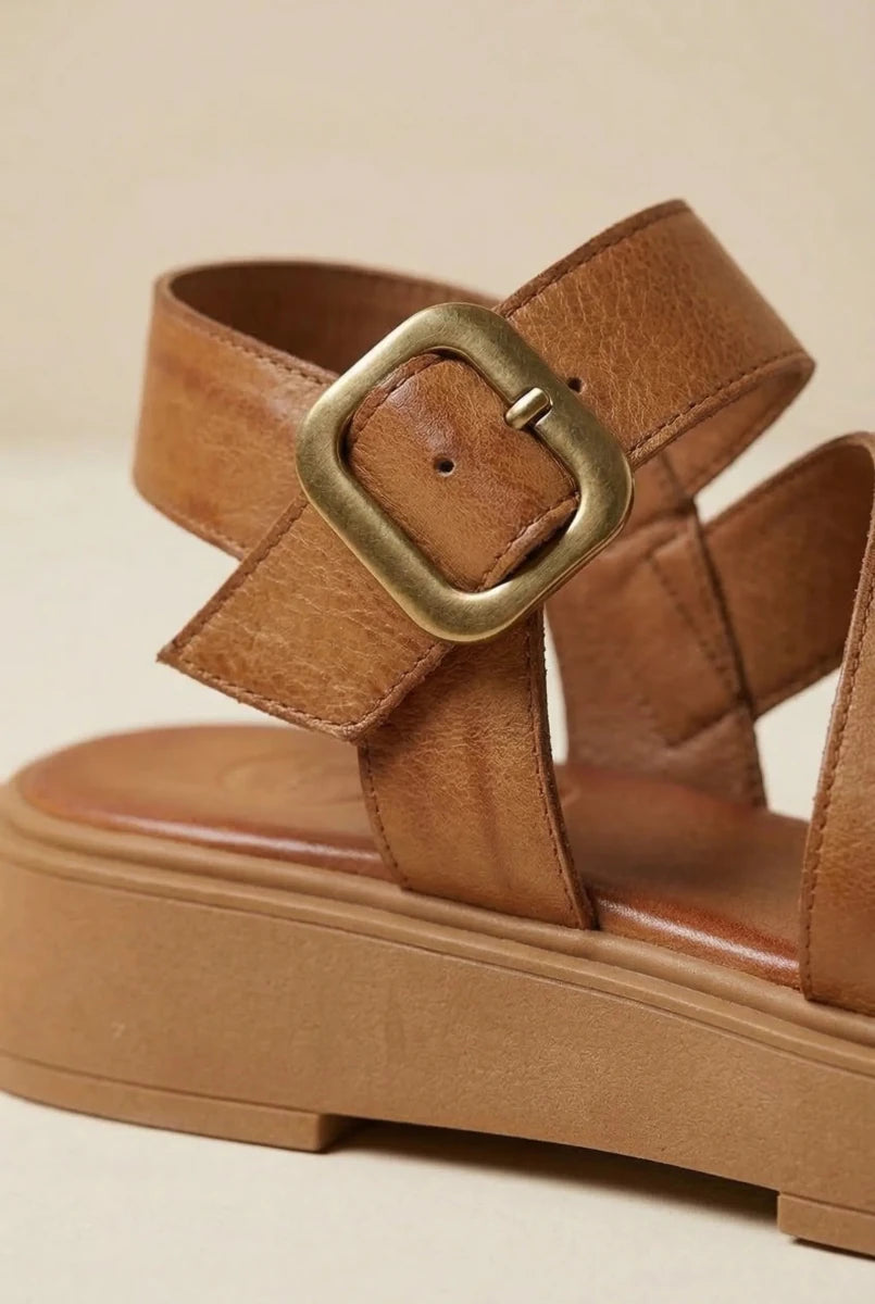 TFP - Leather Flatform Sandals Buckle - Tan