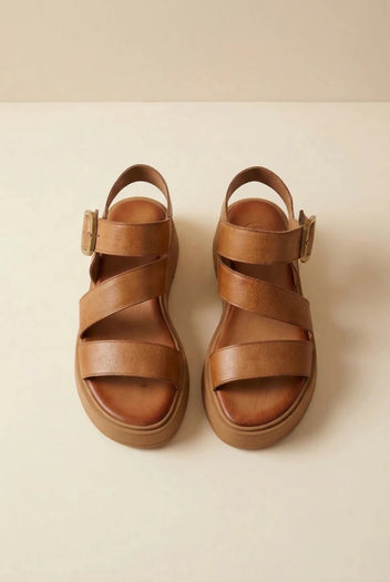 TFP - Leather Flatform Sandals Buckle - Tan