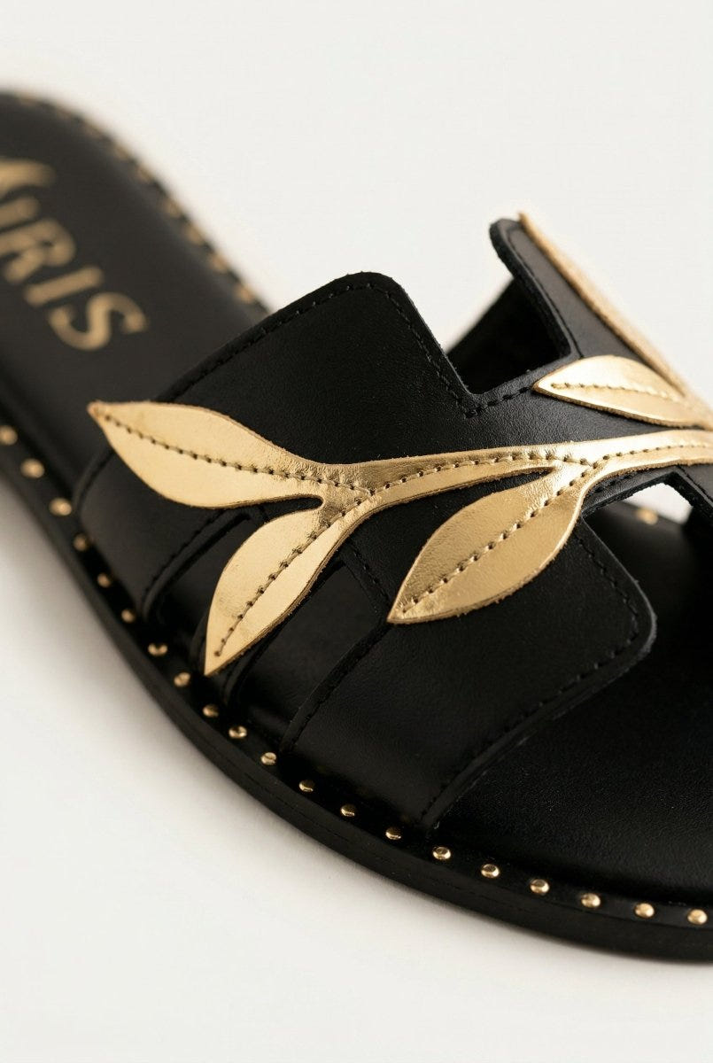 IRIS - Leather Sandals Leaf Detail - Black Matte