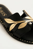 IRIS - Leather Sandals Leaf Detail - Black Matte
