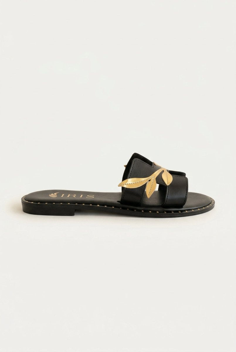 IRIS - Leather Sandals Leaf Detail - Black Matte