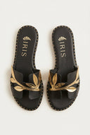 IRIS - Leather Sandals Leaf Detail - Black Matte
