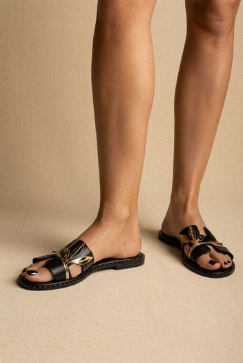 IRIS - Leather Sandals Leaf Detail - Black Matte