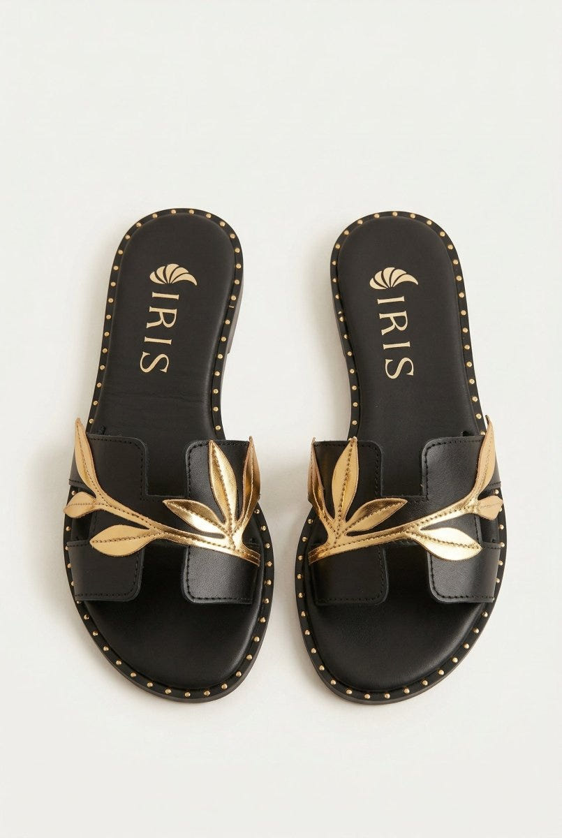 IRIS - Leather Sandals Leaf Detail - Black Matte