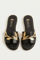 IRIS - Leather Sandals Leaf Detail - Black Matte