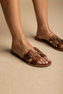IRIS - Leather Sandals Leaf Detail - Tan Matte
