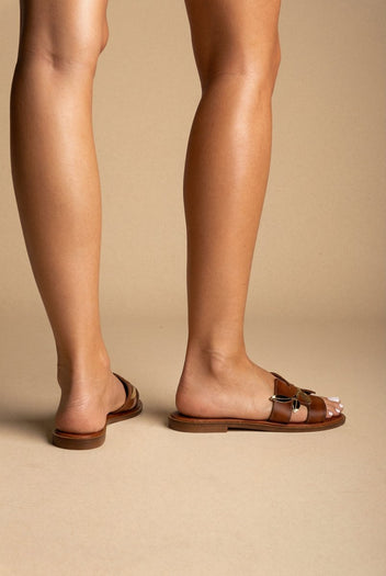 IRIS - Leather Sandals Leaf Detail - Tan Matte
