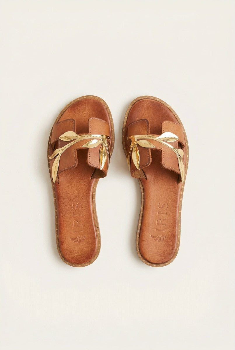 IRIS - Leather Sandals Leaf Detail - Tan Matte