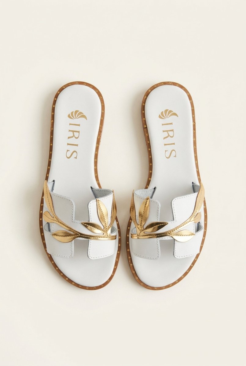 IRIS - Leather Sandals Leaf Detail - White Matte