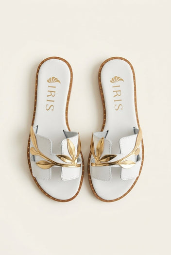 IRIS - Leather Sandals Leaf Detail - White Matte