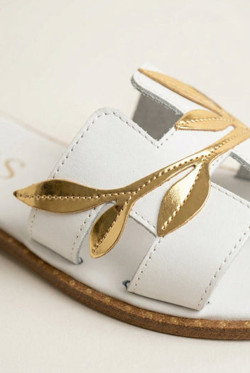 IRIS - Leather Sandals Leaf Detail - White Matte