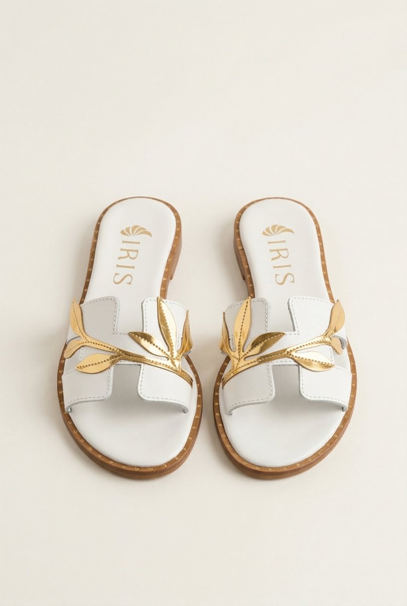 IRIS - Leather Sandals Leaf Detail - White Matte