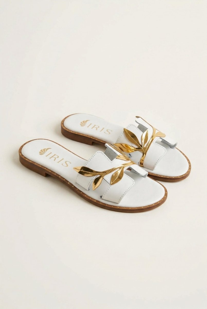 IRIS - Leather Sandals Leaf Detail - White Matte