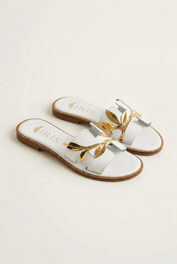 IRIS - Leather Sandals Leaf Detail - White Matte