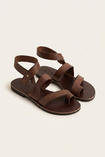 IRIS - Leather Sandals Slanted Closure - Dark Brown Matte
