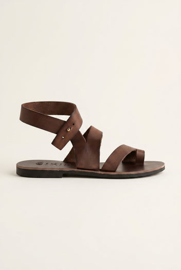 IRIS - Leather Sandals Slanted Closure - Dark Brown Matte