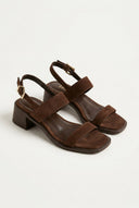 IRIS - Low Block Heel Sandals Ankle Strap - Brown Suede