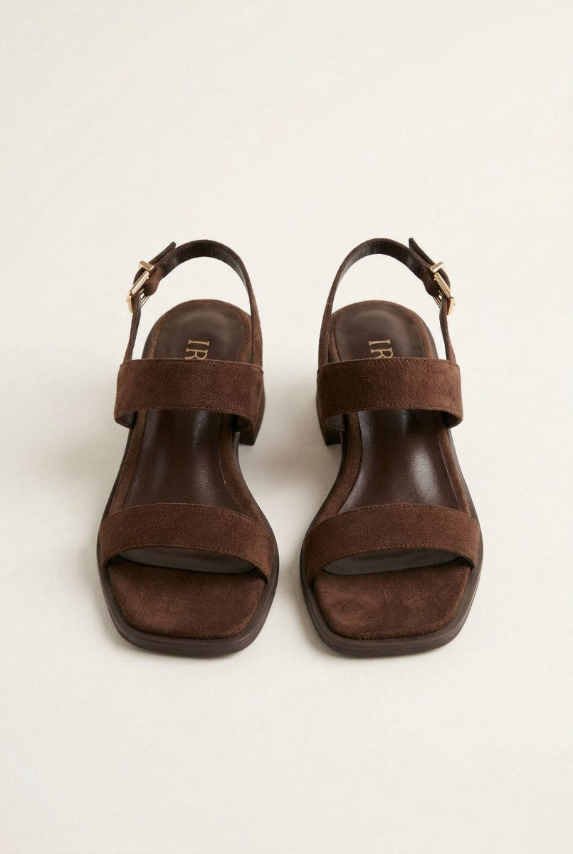 IRIS - Low Block Heel Sandals Ankle Strap - Brown Suede