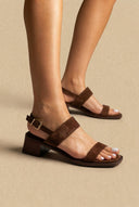 IRIS - Low Block Heel Sandals Ankle Strap - Brown Suede