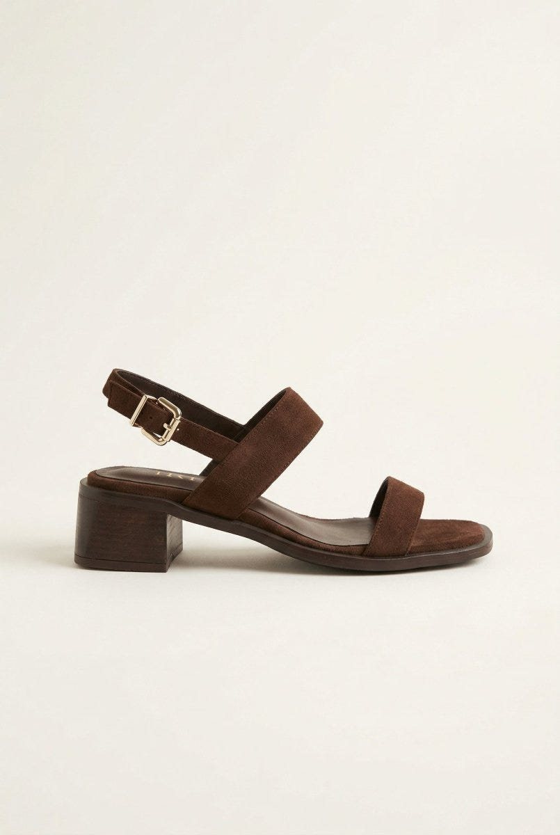 IRIS - Low Block Heel Sandals Ankle Strap - Brown Suede